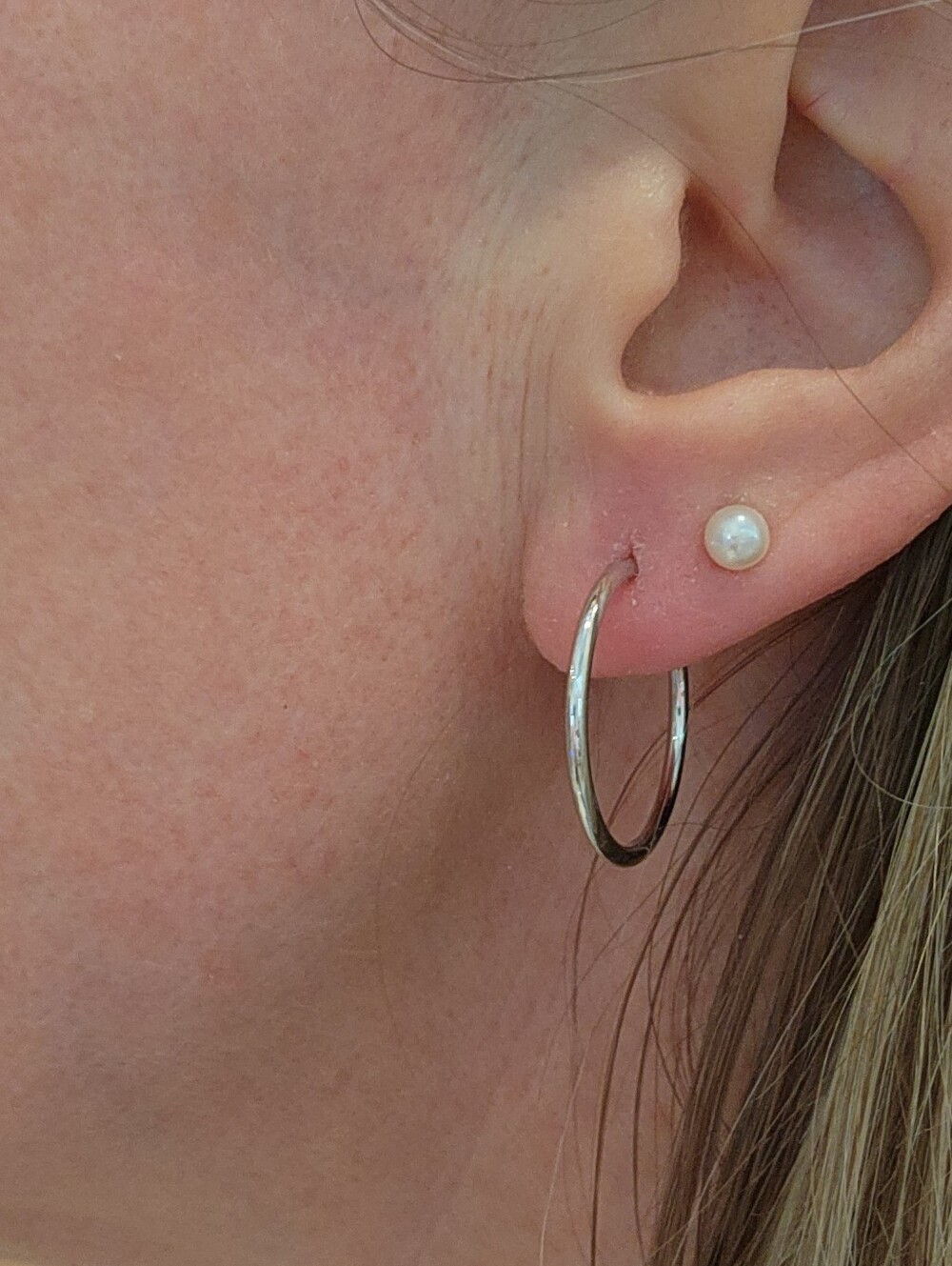 Sterling Silver Hoop Earrings with Pearl Stud - White